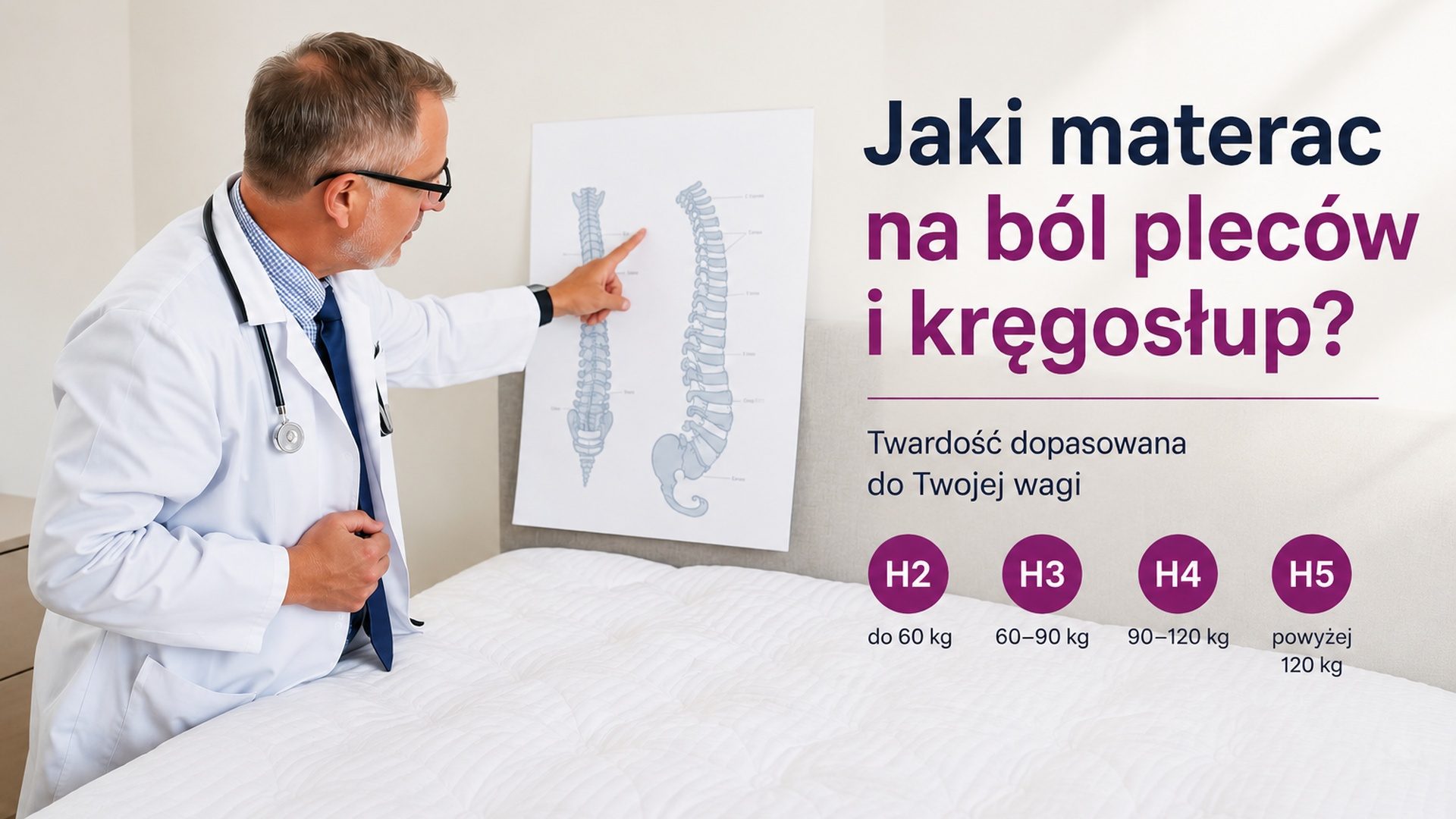 Lekarz wskazuje na diagram kręgosłupa obok materaca — dobór twardości H2–H5 do wagi przy bólu pleców